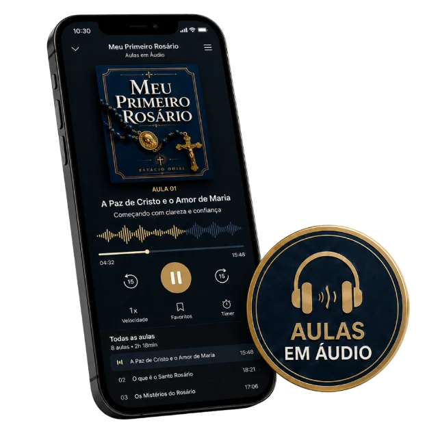 O Caminho Guiado em Áudio: player com as faixas no celular e fones.